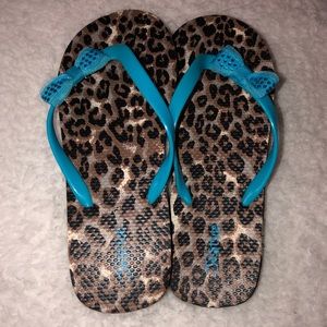 Justice Leopard Print Flip Flops with Blue Bow